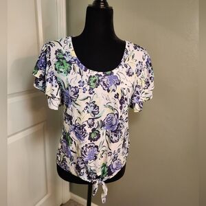 Emily Daniels Waffle Short Flutter Sleeve Tie Front Knit Shirt.